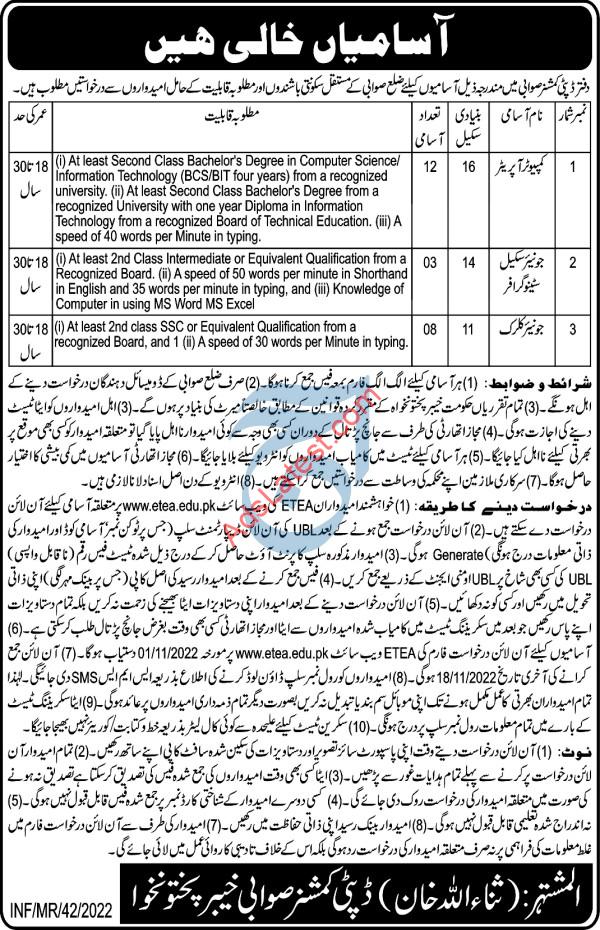 Online Application Form for Recruitment of various posts in the DC Swabi - 2022